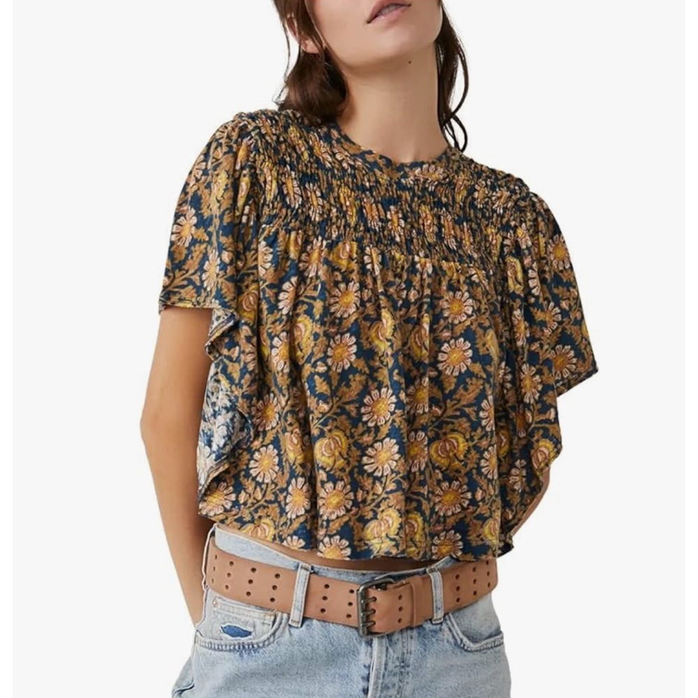 FREE PEOPLE Navy Daisy Flutter Sleeve Smocked Linen/Cotton Crop Top Gd Cond M
